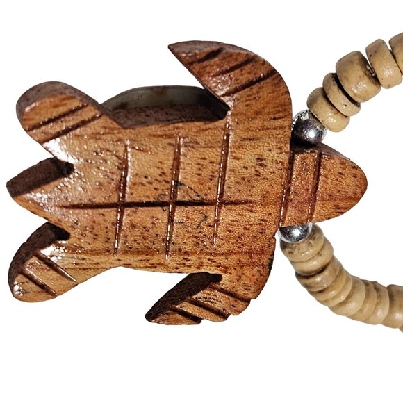 Handmade Wooden Turtle Seashell Pendant Necklace Beaded Chain Hand Carved Beach - Picture 4 of 7